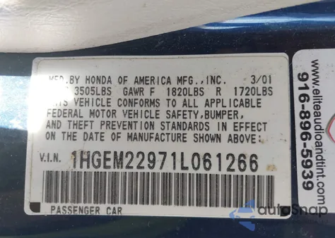 2001 Honda Civic Ex from USA, damaged, VIN 1HGEM22971L061266